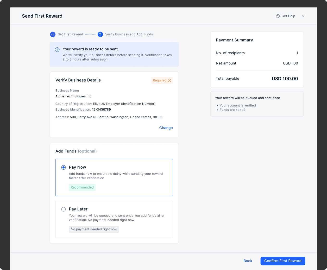 Send First Reward verify business details and add funds with payment summary